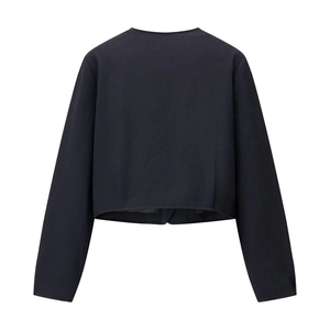 Chic black cropped long-sleeve jacket with a minimalist collarless design in woven fabric