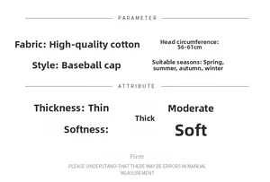 Detailed size chart for cotton baseball cap showing 56-61cm head circumference specs