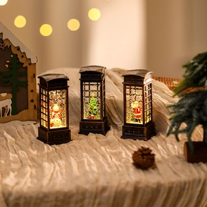 Christmas Telephone Booth Lantern LED Night Light Retro Bronze Water Glitter Santa Snowman Tree Desktop Festive Ornament