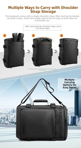 Three-step conversion showing hidden straps and multiple carrying ways for black travel backpack
