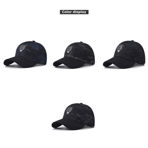 Tactical camouflage baseball caps with hex shield badge in four colors and black brim