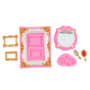 Detailed pink silicone molds and gold resin vintage frame, mirror and comb set