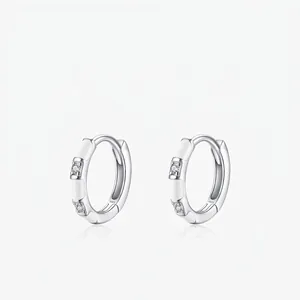 Geometric 925 Sterling Silver Huggie Earrings With White Enamel And Cubic Zirconia Niche Fashion Jewelry For Women