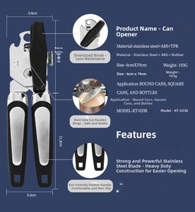 Detail view of 3-in-1 manual stainless steel can opener with 19cm dimensions and size specs