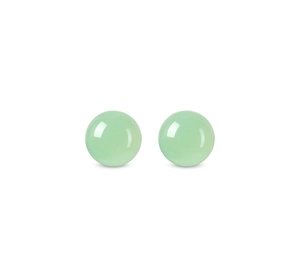 Detail view of round green aventurine stud earrings with a glossy translucent texture