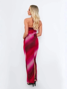Slim fit strapless backless long dress with red pink gradient and high back slit
