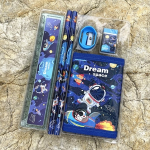 Space themed blue stationery set with pencils, ruler, eraser and wallet in dream space motif