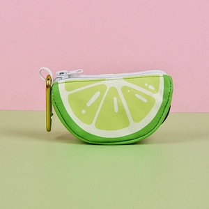 Lime-shaped pet waste bag dispenser with green canvas and golden carabiner hook