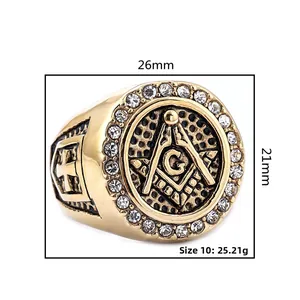 Macro view of gold Freemason ring with zircon stones, showing 26mm x 21mm dimensions
