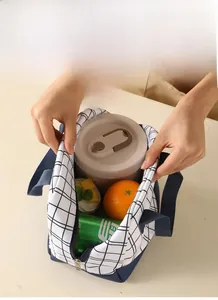 Detailed interior view of a large insulated lunch bag with black and white grid pattern