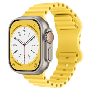 Side view of yellow silicone ocean band for Apple Watch Ultra with titanium buckle