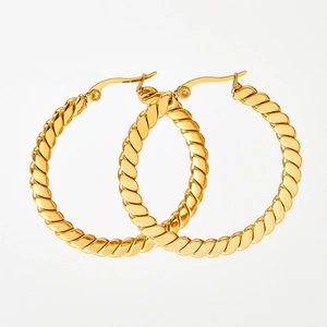 Minimalist twisted gold hoop earrings for women with spiral textured stainless steel finish