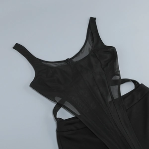 Detail of sexy black bodysuit featuring sheer mesh splicing and a refined zipper closure