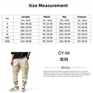 Detailed size chart for men's outdoor cargo pants with European measurements in CM and INCH