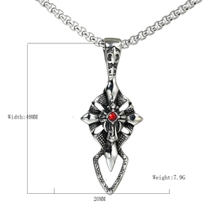 Silver stainless steel wings cross pendant with red gemstone and technical dimensions