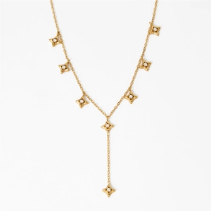 Elegant gold Y-shaped stainless steel necklace with sparkling star charms on white background