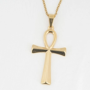 Polished golden stainless steel Ankh cross pendant necklace on a clean white background