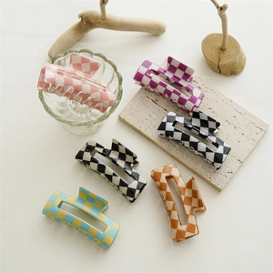 Checkered pattern shark hair claw clips in various colors for women's hair styling
