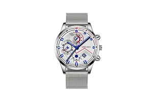 Detail of silver mesh band and white chronograph dial with calendar on a men's steel watch