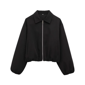 Women's black puffer jacket with front zipper closure and elastic ribbed hem and cuffs