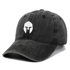 Faded grey baseball cap with white spartan helmet embroidery shown in a side profile view