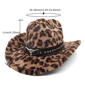 Leopard print western cowboy hat with plush texture and vintage metal bull buckle strap