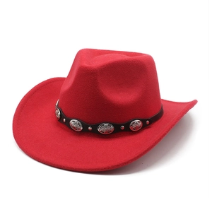 Detail of red wool cowboy hat featuring a black leather belt with silver metal conchos