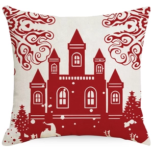 Christmas linen pillow cover with red castle and snowflake patterns for home sofa decor