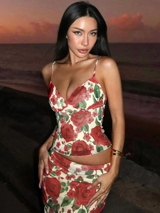 Red Rose Floral Print Camisole Top And Bodycon Long Skirt Polyester Spandex Summer Sexy Vacation Women Clothing