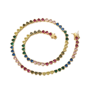 Rainbow heart-shaped tennis necklace with multi-colored zirconia in gold-plated settings