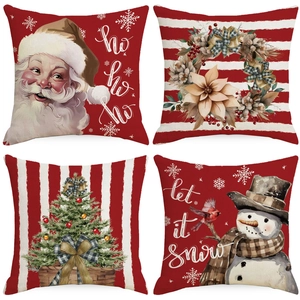 Christmas Pillowcase Linen Cushion Cover Square Santa Snowman Xmas Tree Wreath Decorative Home Sofa Bedroom