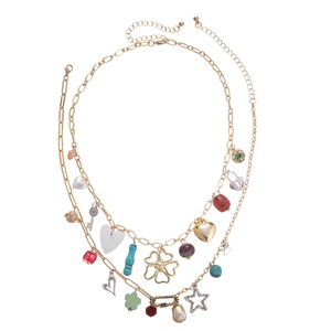 Bohemian multilayer gold necklace with heart flower charms and colorful stone beads