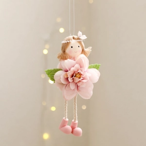 Pink fabric Easter angel ornament with floral skirt and yarn limbs for party decoration