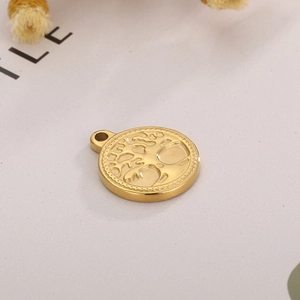 Polished stainless steel round tree of life pendant in golden finish for jewelry making