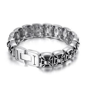 Vintage silver punk skull and cross titanium steel bracelet for men on white background