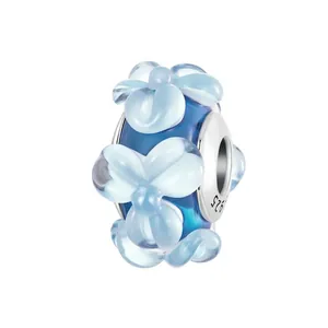 Blue Flower Murano Glass Charm Bead With 925 Sterling Silver Core For DIY Bracelet Making Fresh Floral Jewelry Accessories
