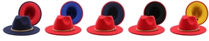 Five bicolor wide brim fedora wool hats in various color mixes with leather belts