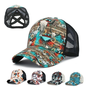 Women's floral ponytail baseball cap with breathable mesh and cross elastic band back