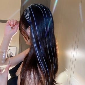 Detail view of elegant long tassel headband with blue and silver rhinestones on hair