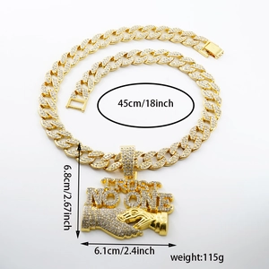 Gold iced-out Cuban chain necklace with TRUST NO ONE pendant and size measurements