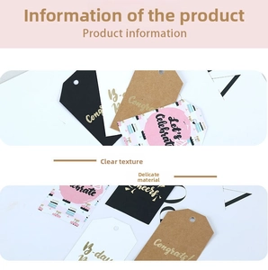 Detail of assorted kraft paper gift tags with celebratory typography and pre-cut holes