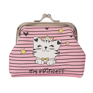 Pink PU leather coin purse with cute crown cat illustration and metal clasp closure