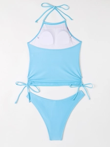 Detail of light blue halter bikini set with adjustable side ties and removable pads