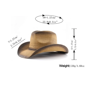 Detailed dimensions of the western woven straw hat with distressed brim and measurements