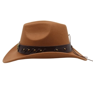Close-up of brown cowboy hat with leather band, metal studs, and floral ornament