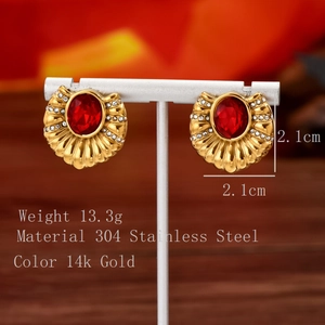 Detail view of 14k gold plated square earrings with red stone and micro-inlay