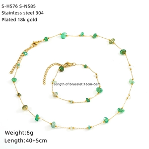Detailed flat lay of 18k gold plated 304 stainless steel necklace and green stone bracelet