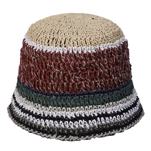 Handmade striped straw bucket hat for women featuring breathable multi-color woven texture