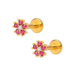 Elegant gold S925 silver snowflake stud earrings with pink and white cubic zirconia