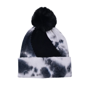 Unisex black and white tie-dye knit beanie with a fluffy faux fur pompom for winter